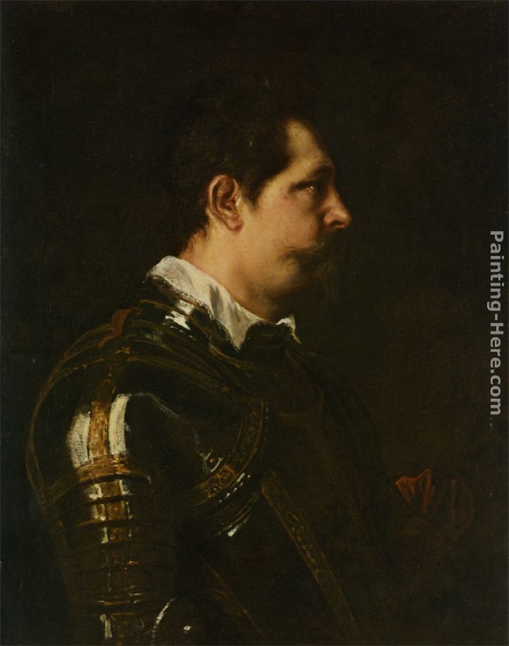 Portrait of a Military Commander bust length in Profile in Damascened armour with white collar and red sash painting - Sir Antony van Dyck Portrait of a Military Commander bust length in Profile in Damascened armour with white collar and red sash art painting
